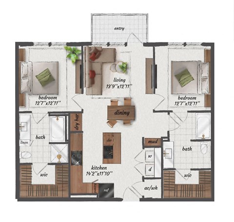 Floor plan for 2 beds, 2 baths, 1140 sqft